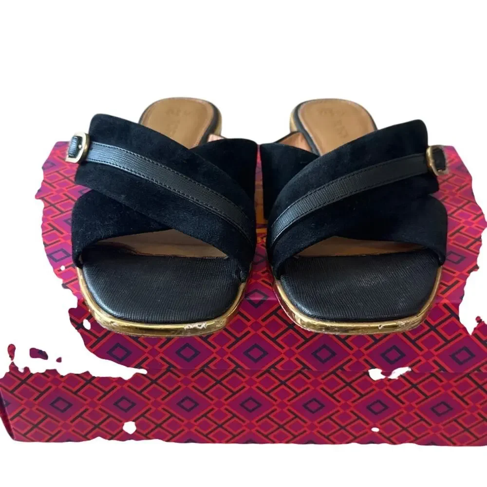 Tory Burch Delaney 5mm Sandals Perfect Black Suede‎ Leather 8